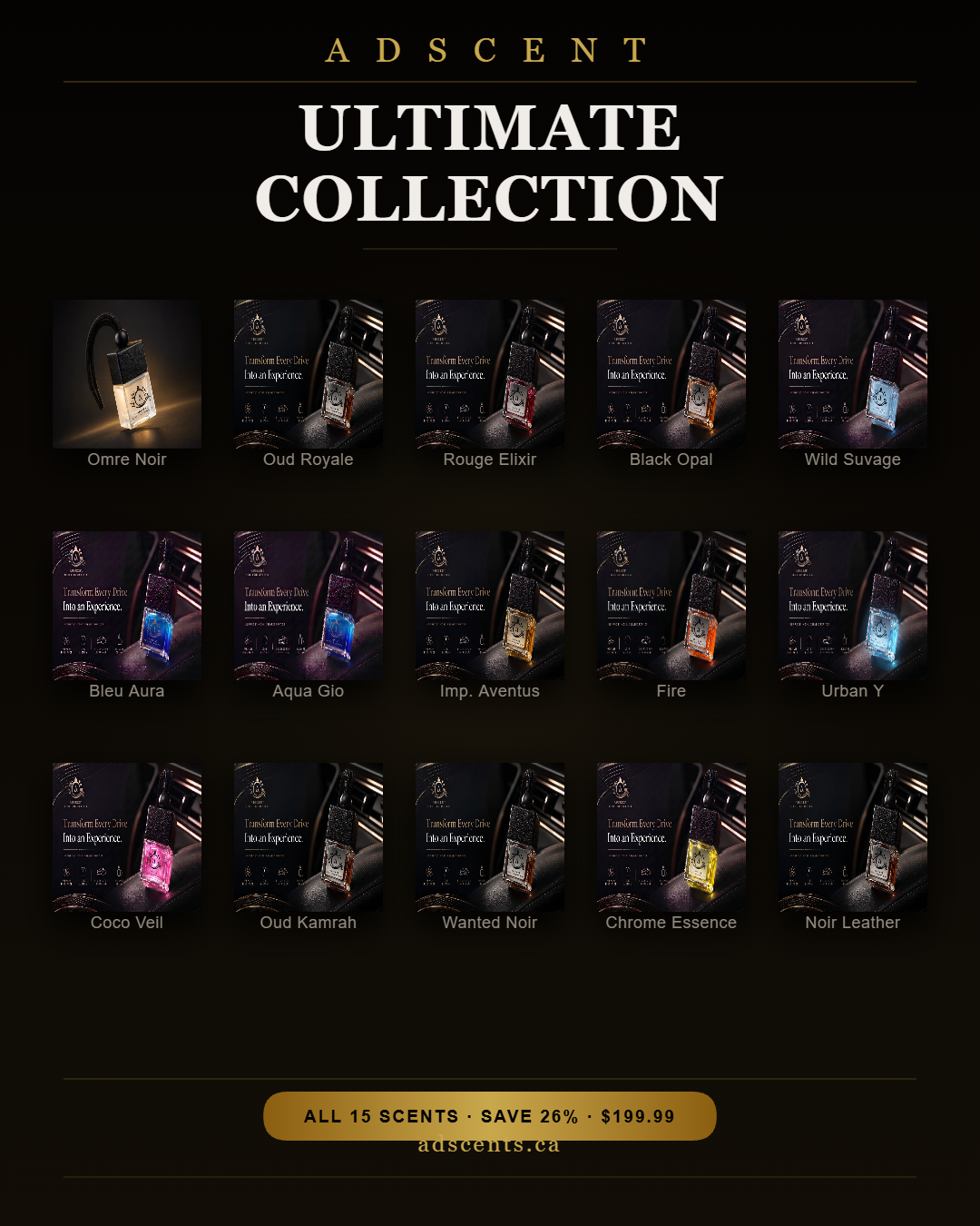 ADSCENT Ultimate Collection Bundle — all 15 inspired luxury car air fresheners, made in Canada