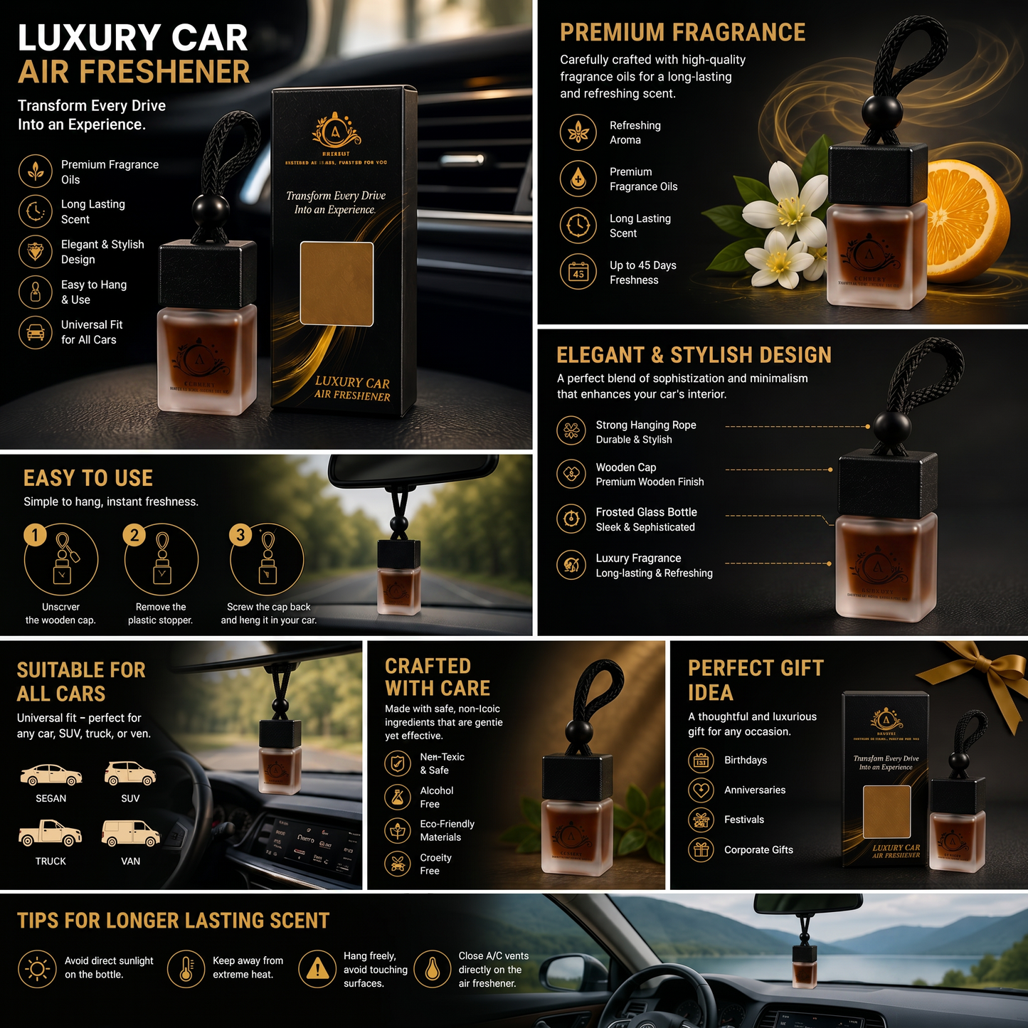 Adscent Wanted Noir | Luxury Car Air Freshener | Inspired by Dark Seductive Most Wanted– Premium Frosted Glass Hanging Diffuser | Long-Lasting Fragrance