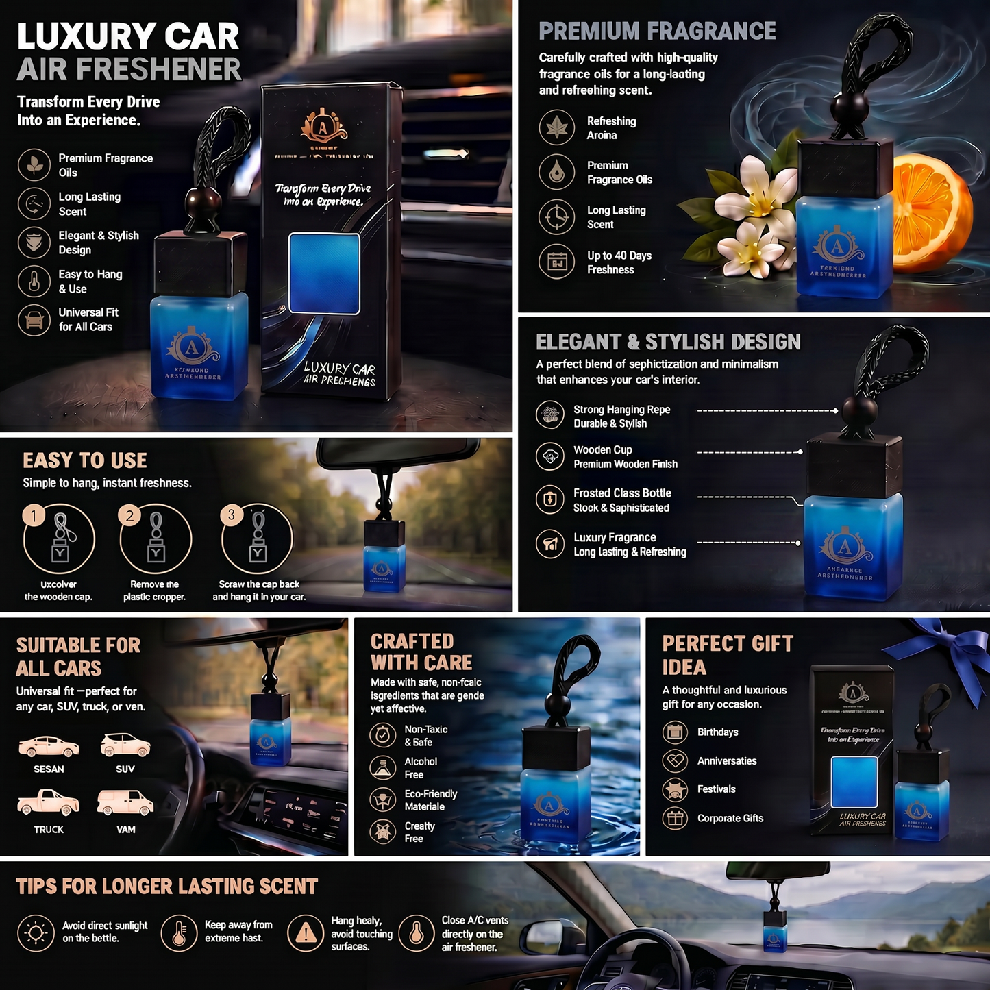 Adscent Bleu Aura | Luxury Car Air Freshener | Inspired by Blue De Cha-Nel Aquatic Icons – Premium Frosted Glass Hanging Diffuser | Long-Lasting Fragrance