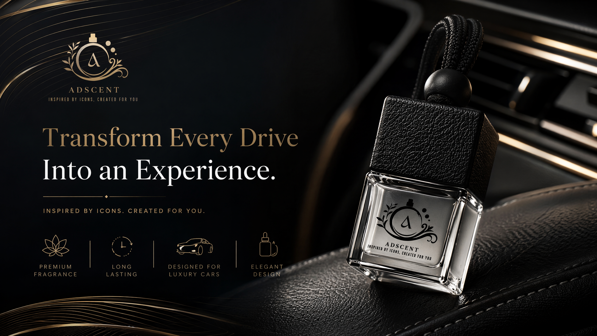 Omre Noir car diffuser side view — ADSCENT luxury hanging car perfume, refillable 2-pack