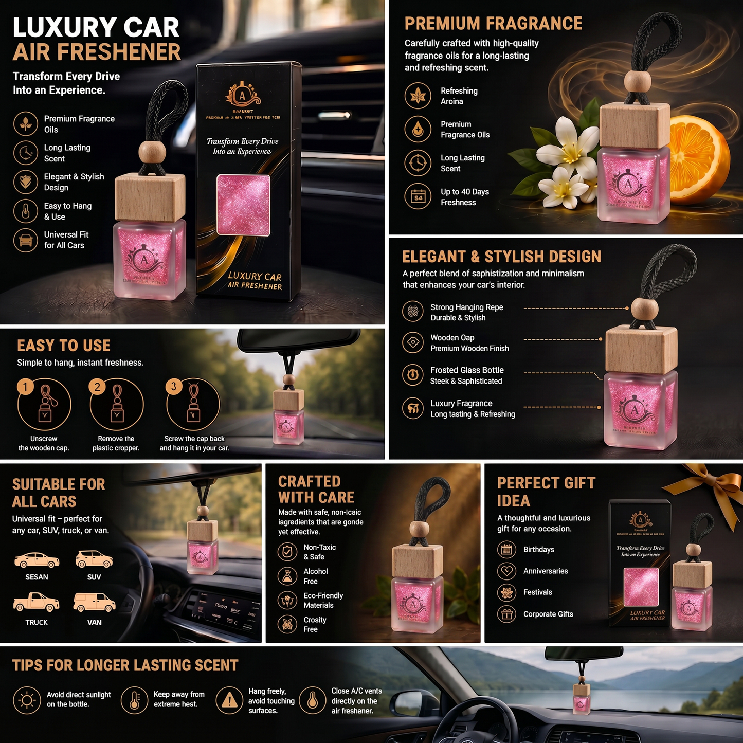 Adscent Coco Veil | Luxury Car Air Freshener | Inspired by Iconic Coco Cha-Nnel-Floral Legends – Premium Frosted Glass Hanging Diffuser | Long-Lasting Fragrance