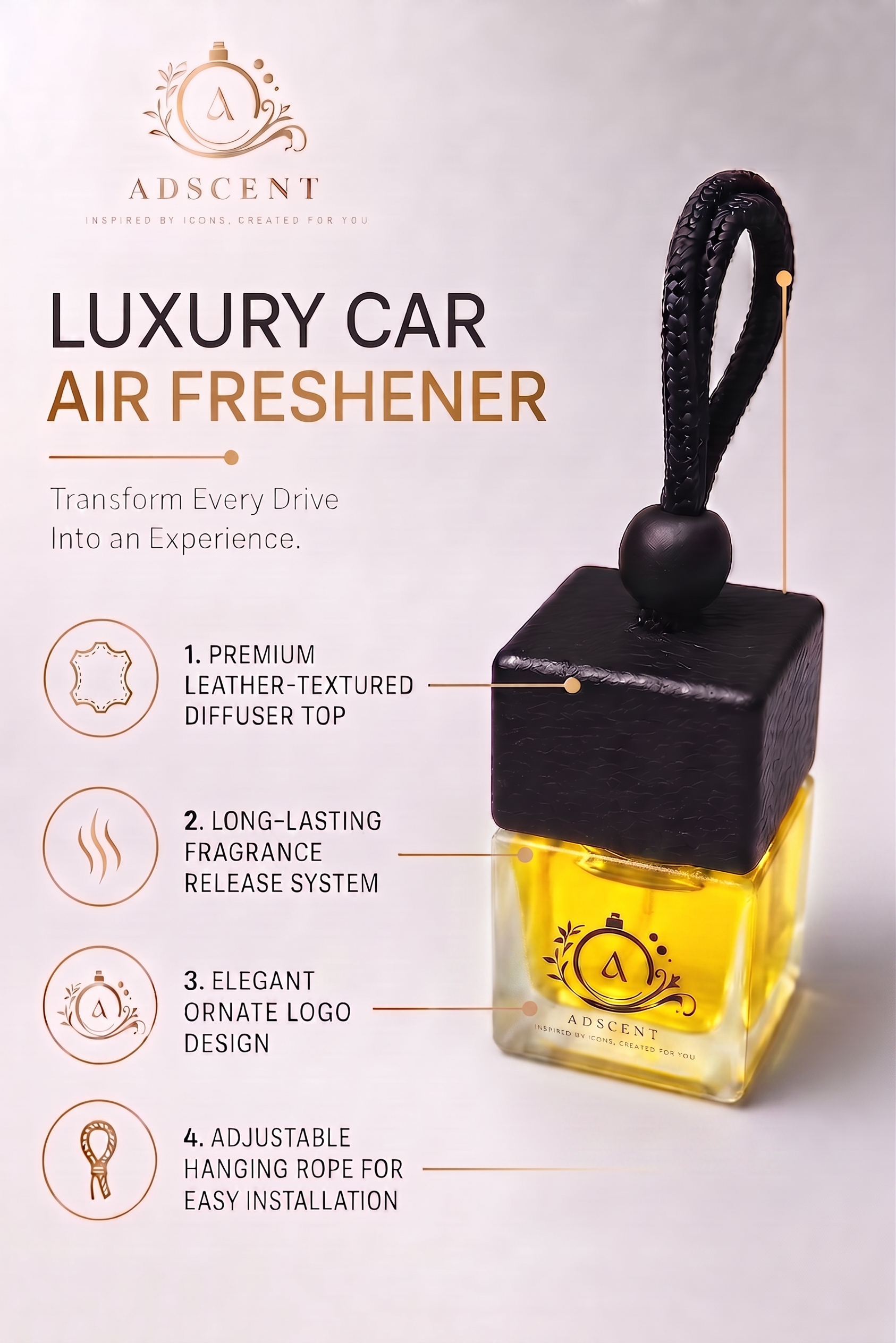 Chrome Essence hanging diffuser — rearview mirror car accessory, ADSCENT handcrafted