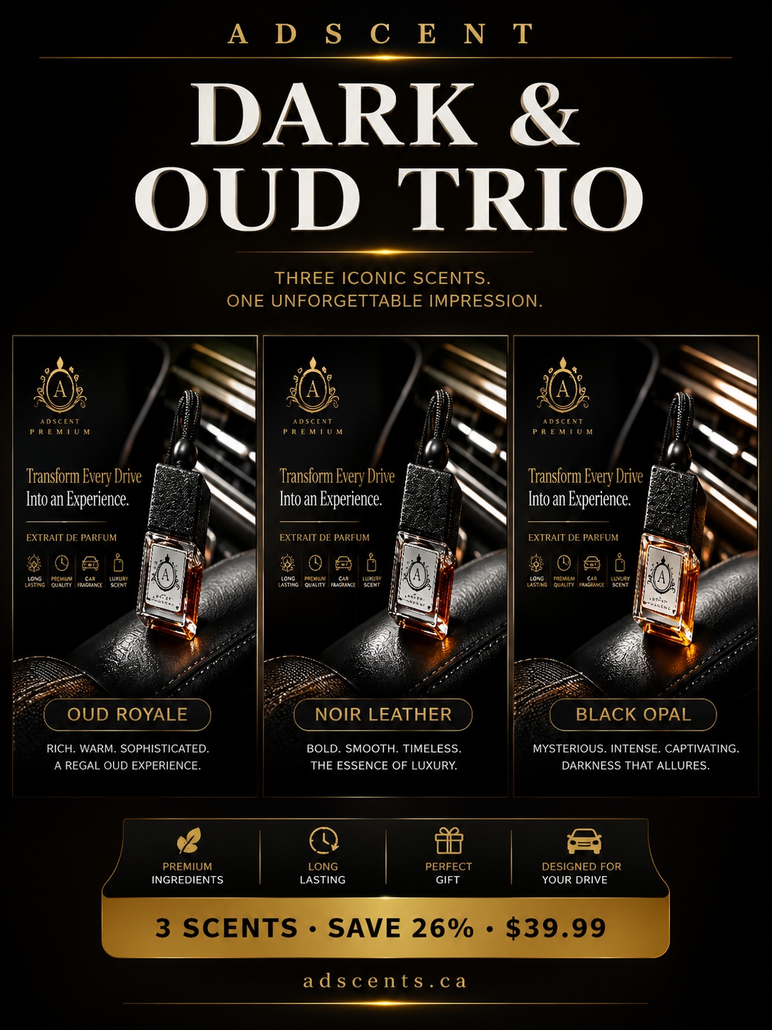 ADSCENT Dark & Oud Trio | 3 Premium Car Air Fresheners | Save 27%