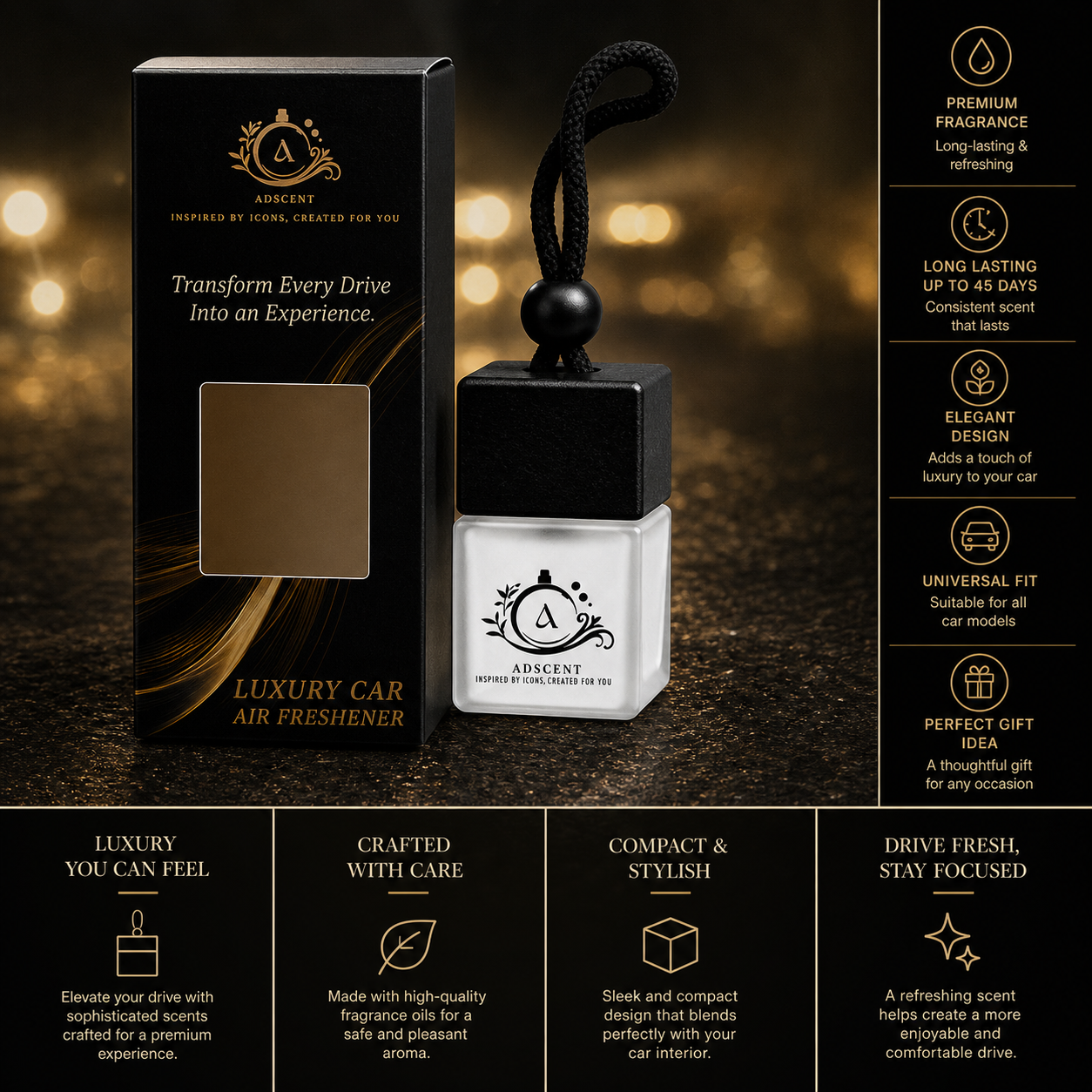 ADSCENT Luxury Car Air Freshener | Omre Noir – Inspired by Ombré Nomad | Premium Frosted Glass Hanging Diffuser | Long-Lasting Fragrance