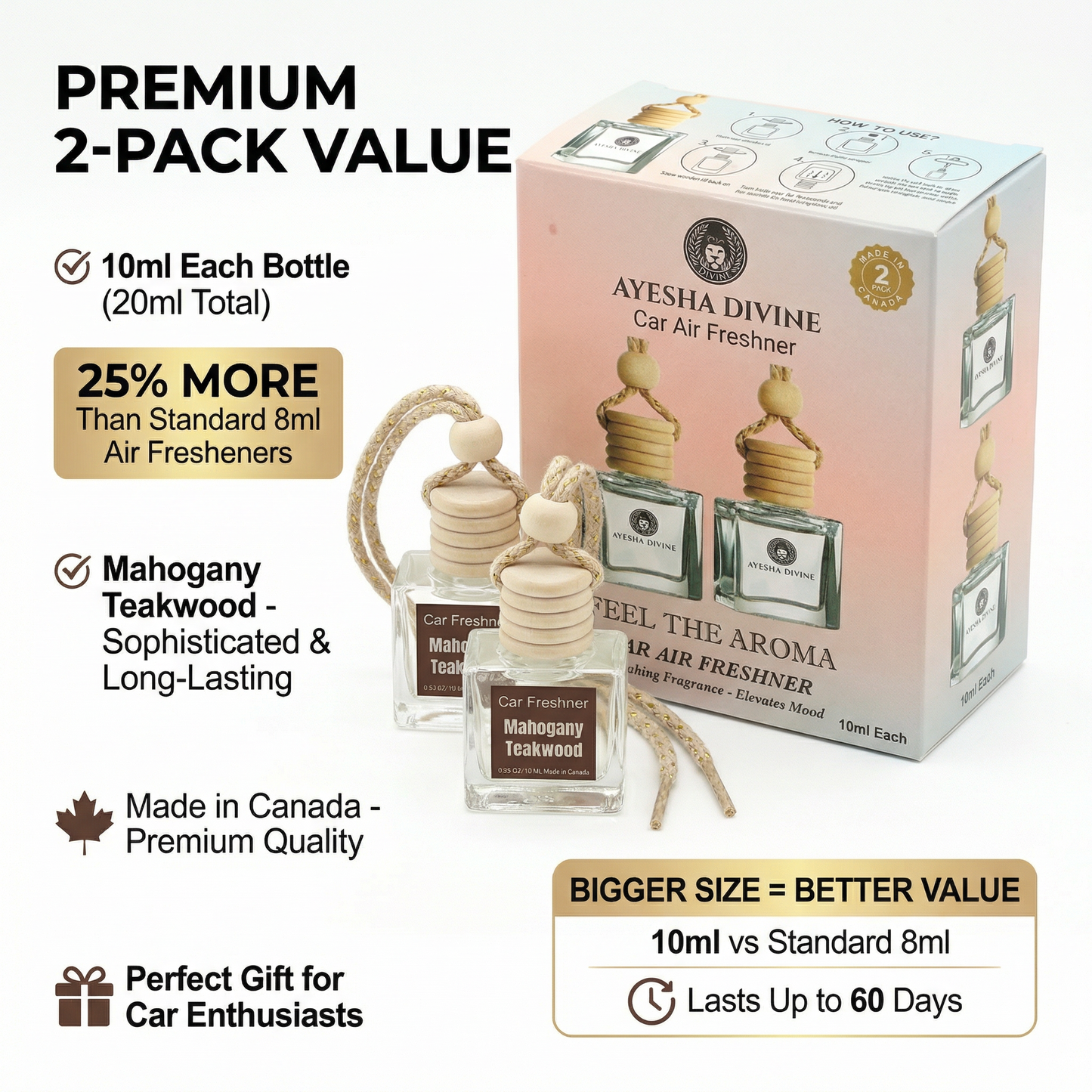 Mahogany Teakwood 10ml Hanging Car Air Freshener Diffuser – 2-Pack