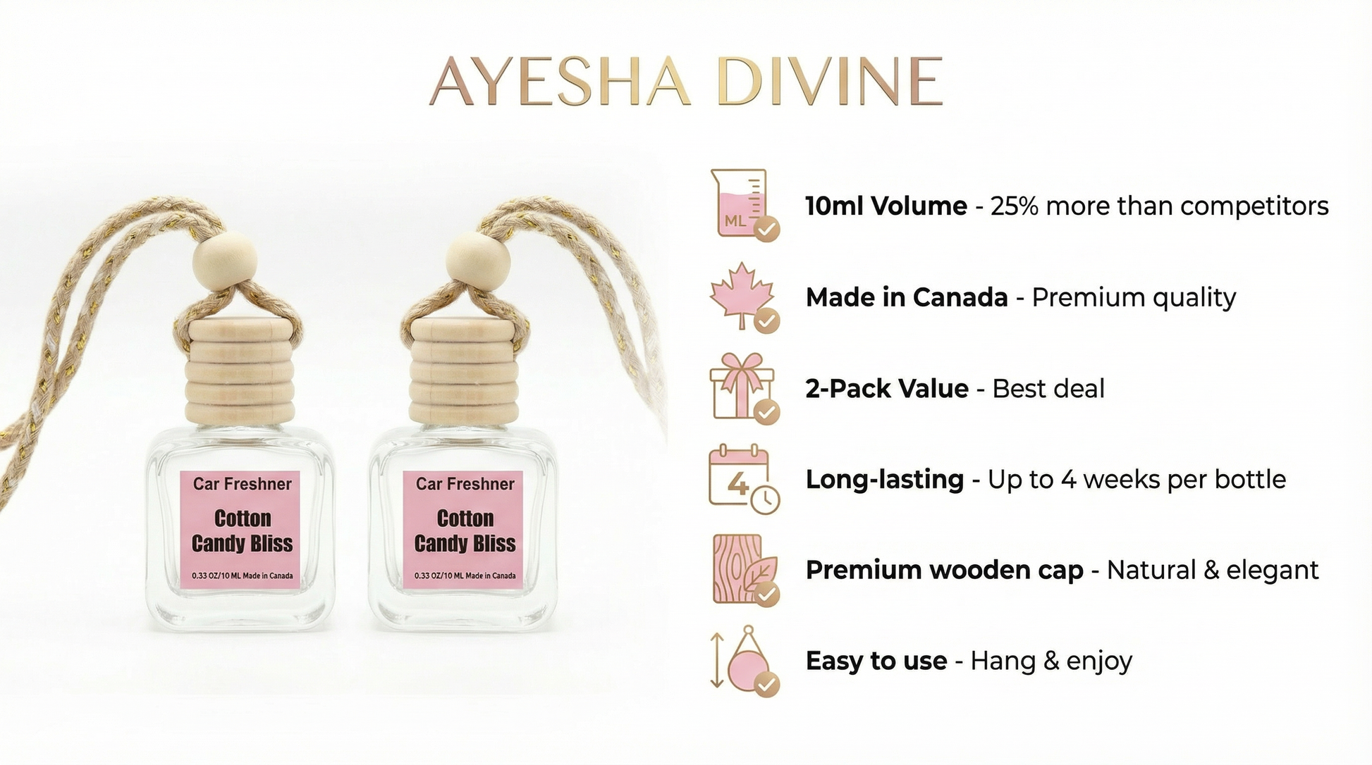 Cotton Candy Bliss diffuser side view — premium glass bottle, ADSCENT luxury car scent