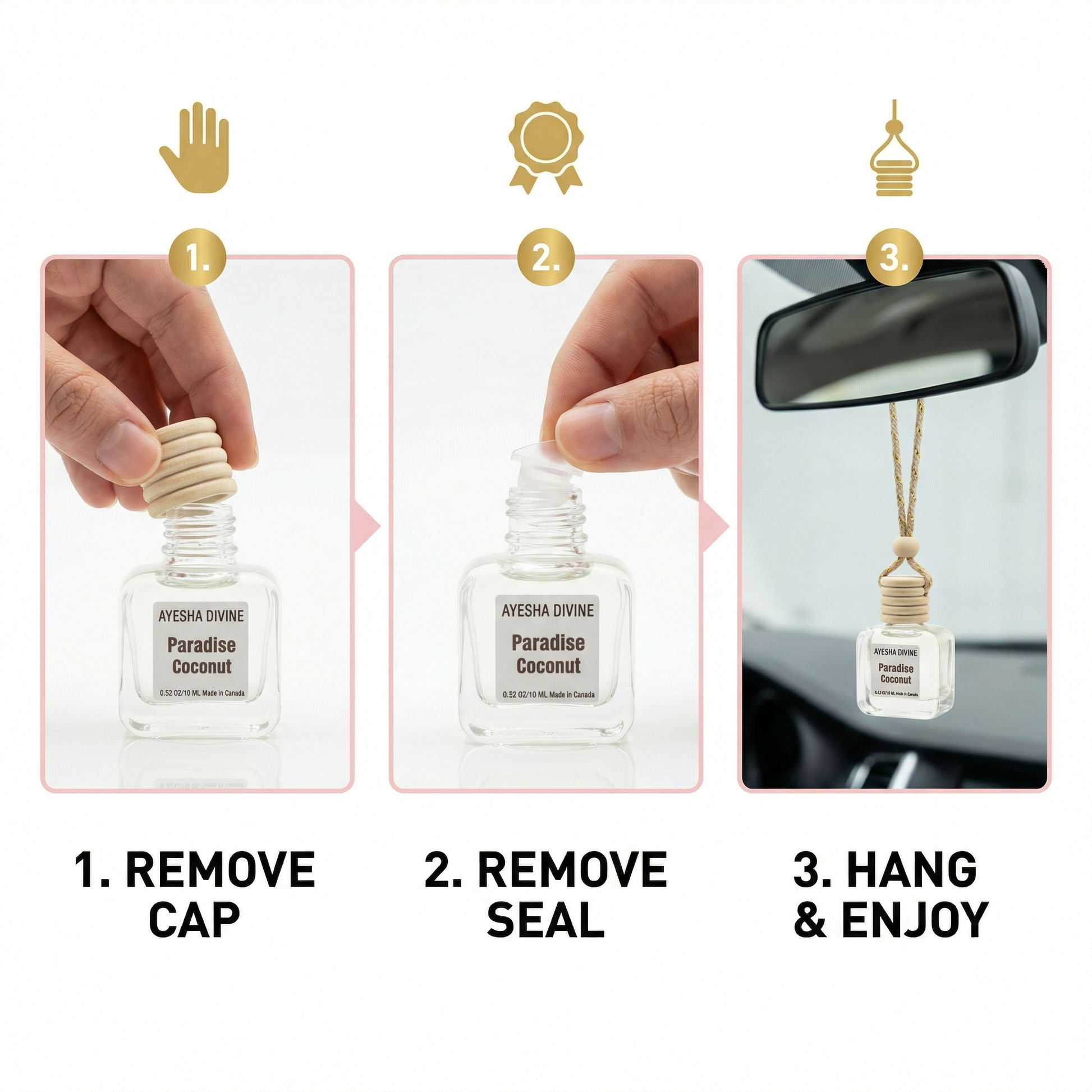 Paradise Coconut diffuser lifestyle — vacation-inspired car air freshener, made in Canada