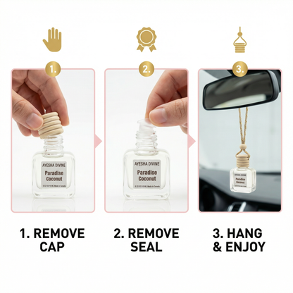 Paradise Coconut diffuser lifestyle — vacation-inspired car air freshener, made in Canada
