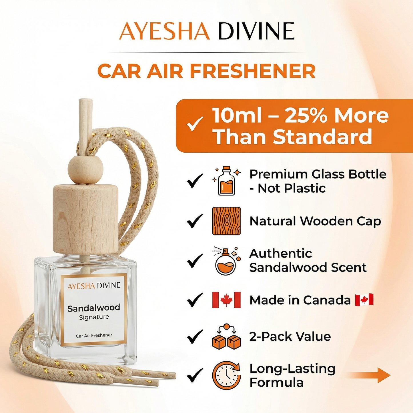 Ayesha Divine Sandalwood Signature 10ml Hanging Car Diffuser – 2-Pack