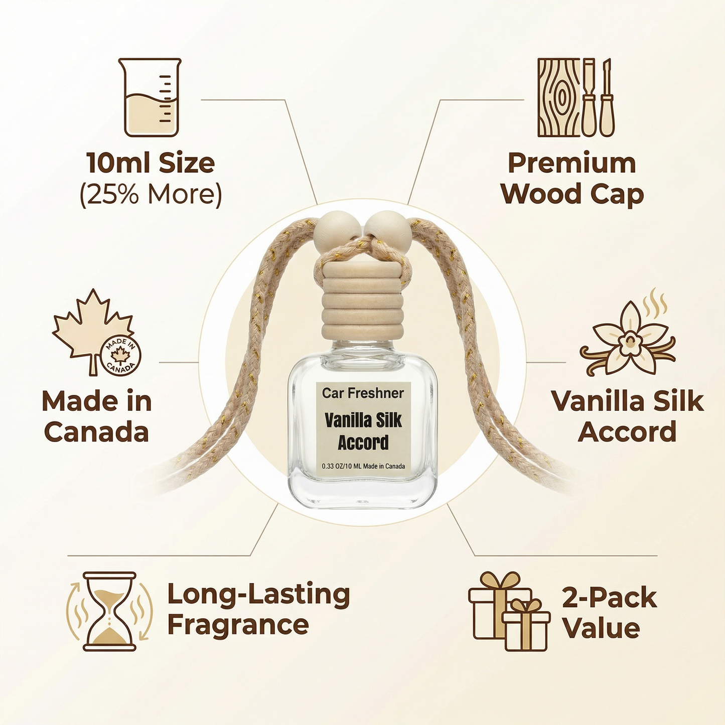 Vanilla Silk Accord 10ml Hanging Car Air Freshener Diffuser – Refillable 2-Pack