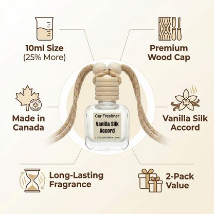 Vanilla Silk Accord 10ml Hanging Car Air Freshener Diffuser – Refillable 2-Pack