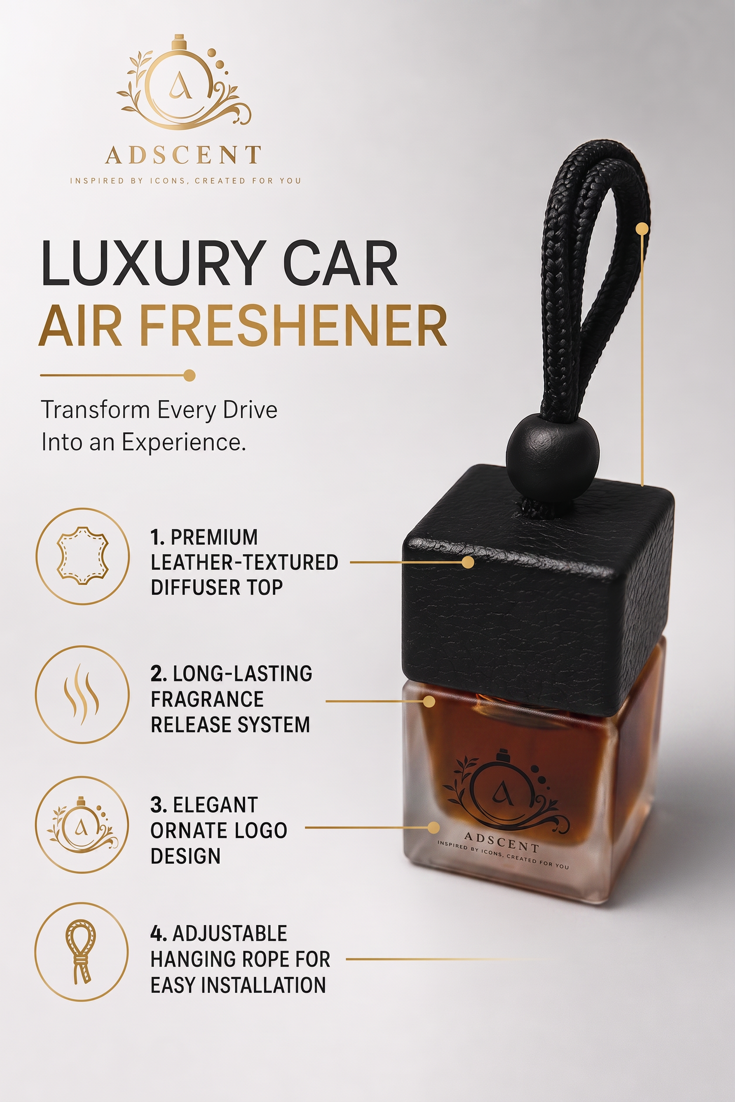 Oud Kamrah hanging diffuser — rearview mirror car accessory, ADSCENT handcrafted