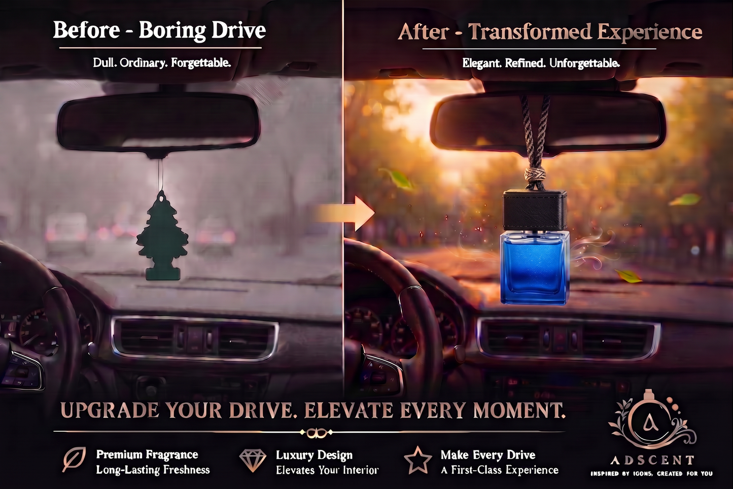 Adscent Bleu Aura | Luxury Car Air Freshener | Inspired by Blue De Cha-Nel Aquatic Icons – Premium Frosted Glass Hanging Diffuser | Long-Lasting Fragrance
