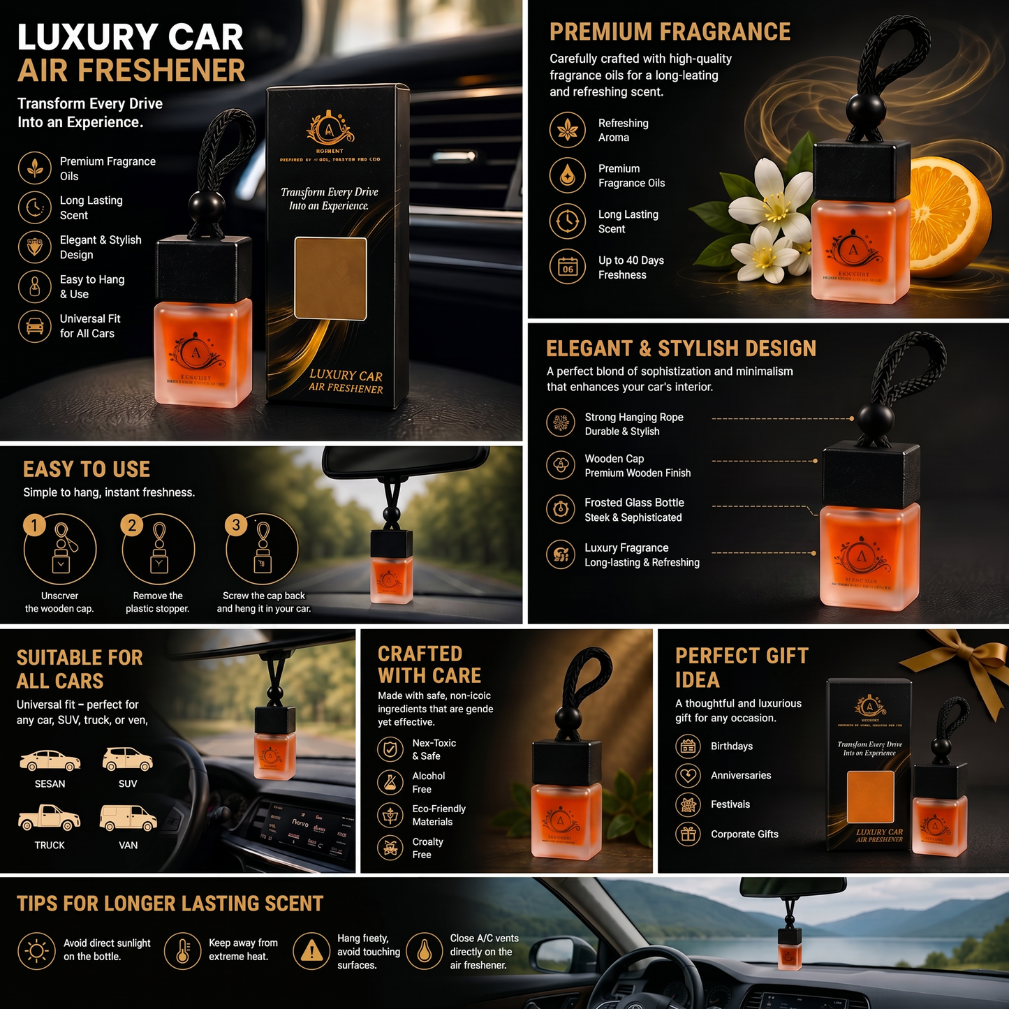 Adscent Fire | Luxury Car Air Freshener | Inspired by Bold Spice Rasi-Havas– Premium Frosted Glass Hanging Diffuser | Long-Lasting Fragrance
