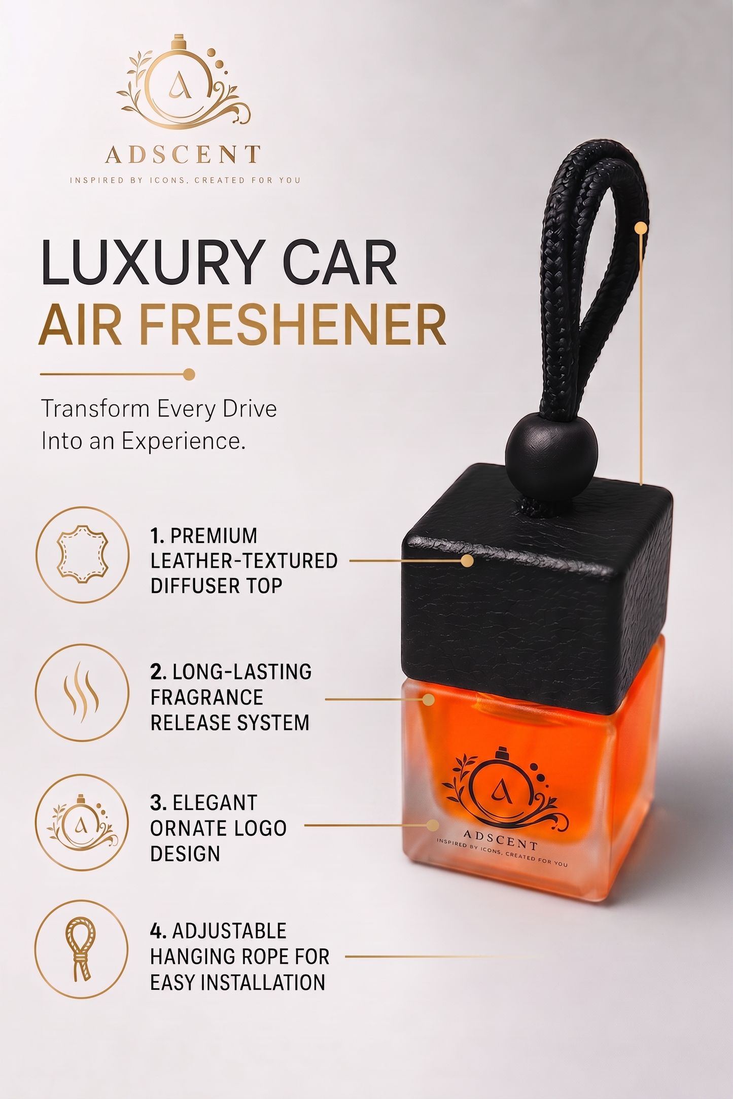 Adscent Fire diffuser detail — long-lasting spice fragrance oil, luxury car perfume