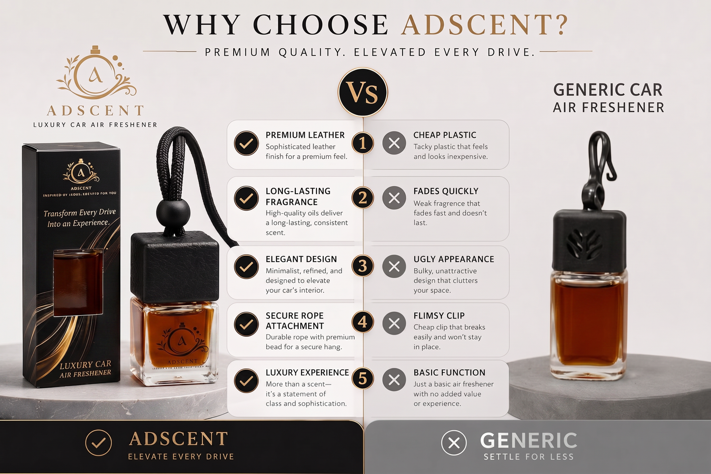 Adscent Noir Leather | Luxury Car Air Freshener | Inspired by Dark Leather Fragrance Icons – Premium Frosted Glass Hanging Diffuser | Long-Lasting Fragrance